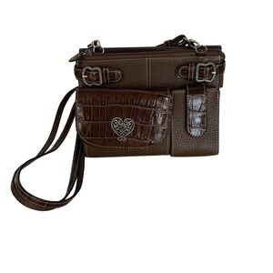 VTG Brighton Brown Leather Croc Embossed Crossbody Organizer Bag Silver Heart